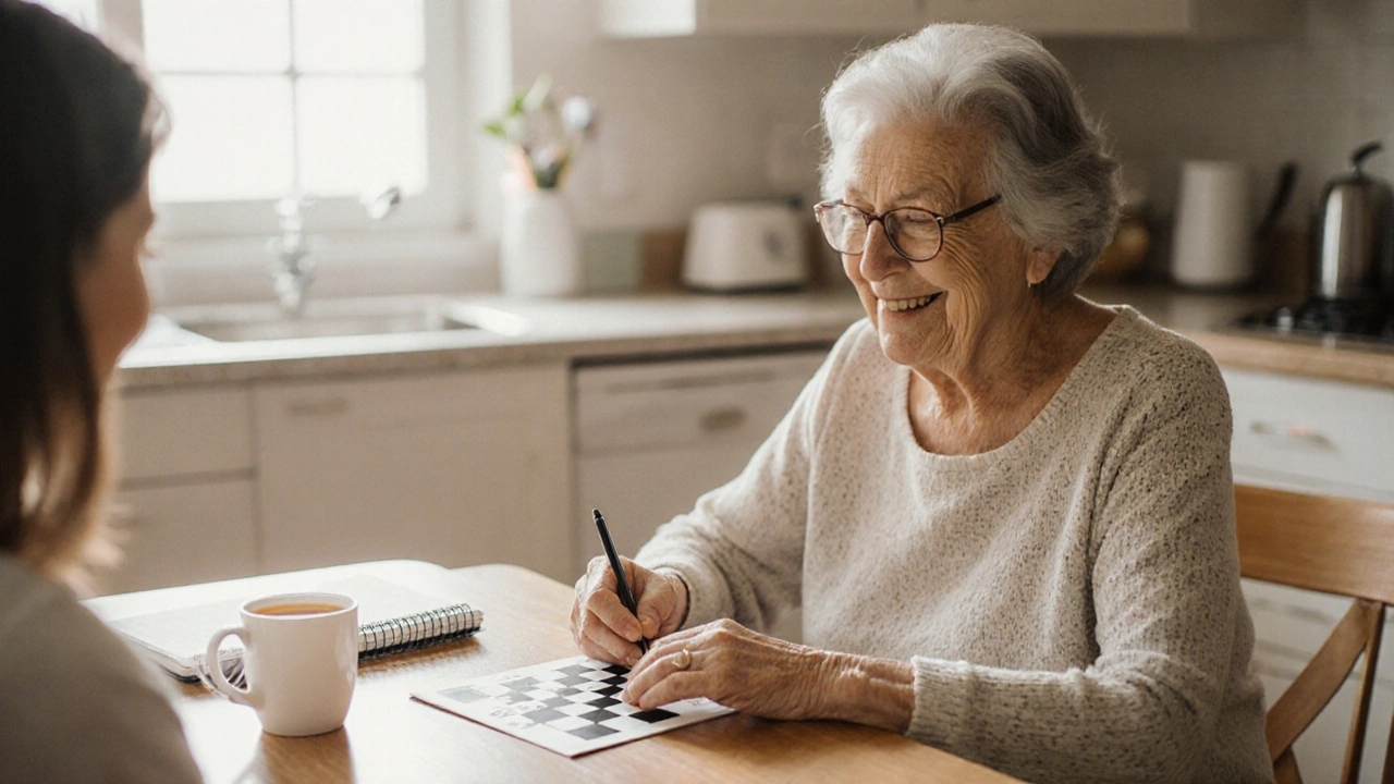 A woman calmly working on a crossword puzzle at her kitchen table, showing signs of quiet recovery after heart surgery.