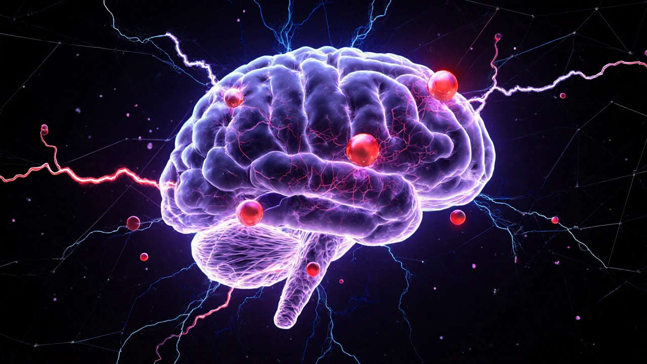 An abstract brain with glowing tumor roots and a barrier blocking chemotherapy droplets.