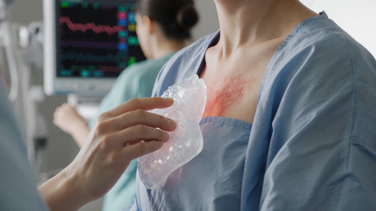 Close-up of swollen sternum area after heart surgery, with ice pack being applied.