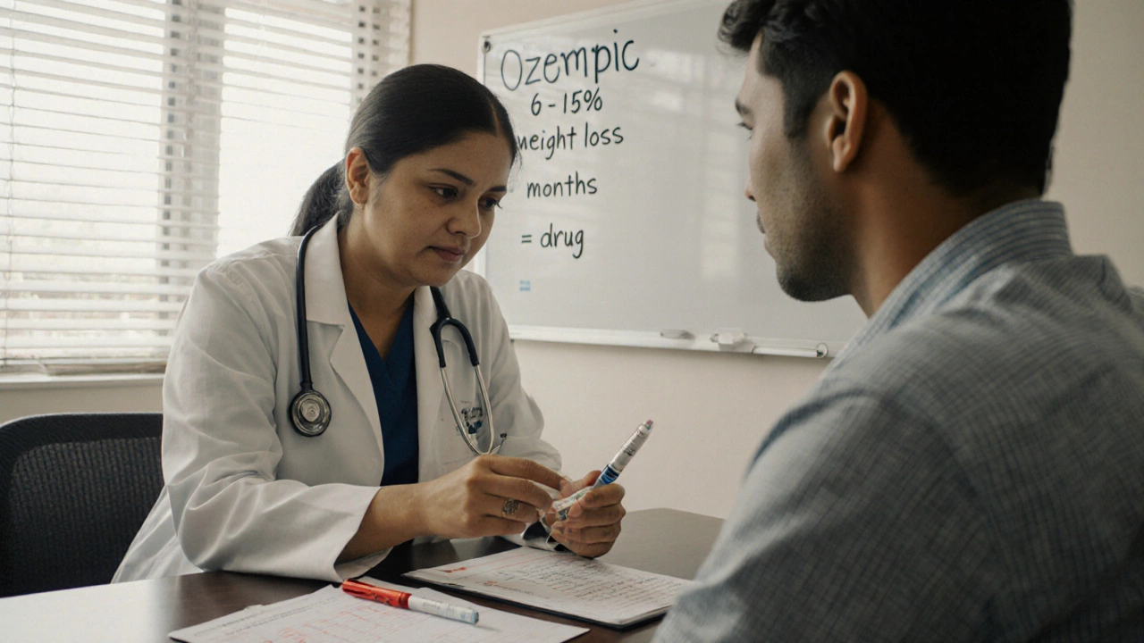 Doctor explaining Ozempic to patient in clinic with blood test results on table