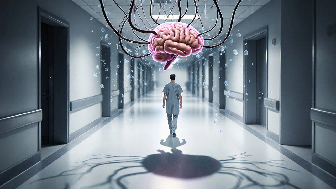 Heart-lung machine connected to a skull, with particles drifting toward the brain, patient walking below.