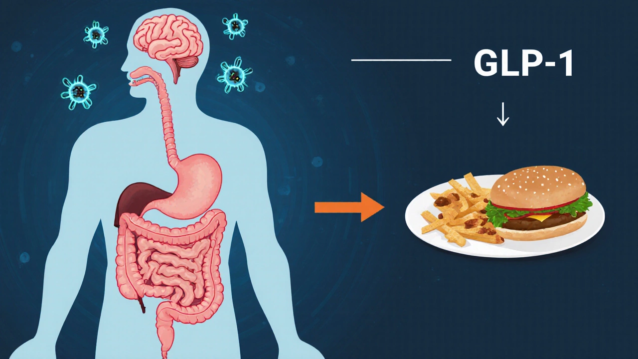 Human digestive system with glowing hormones signaling fullness to the brain.