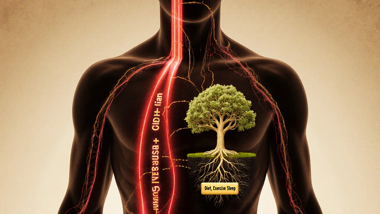 Human silhouette with glowing pathways showing insulin side effects versus lifestyle-driven diabetes reversal.