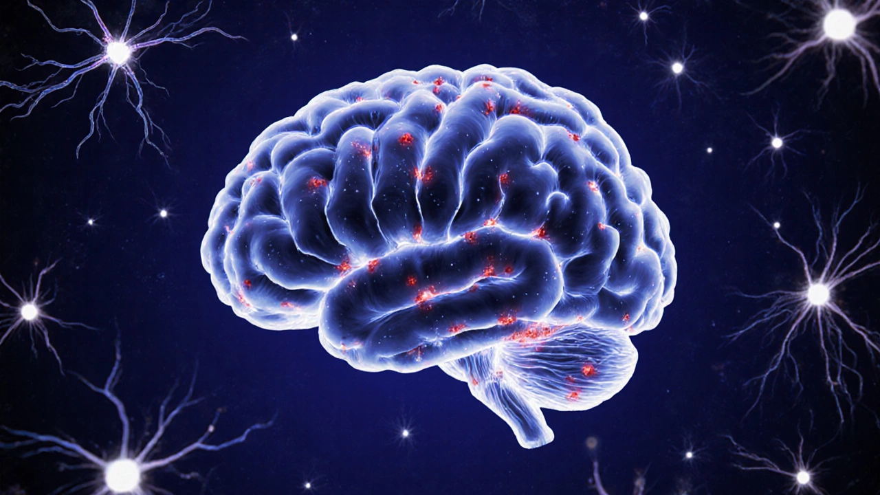 Microscopic view of a brain showing white matter lesions and microbleeds with faint neural activity.