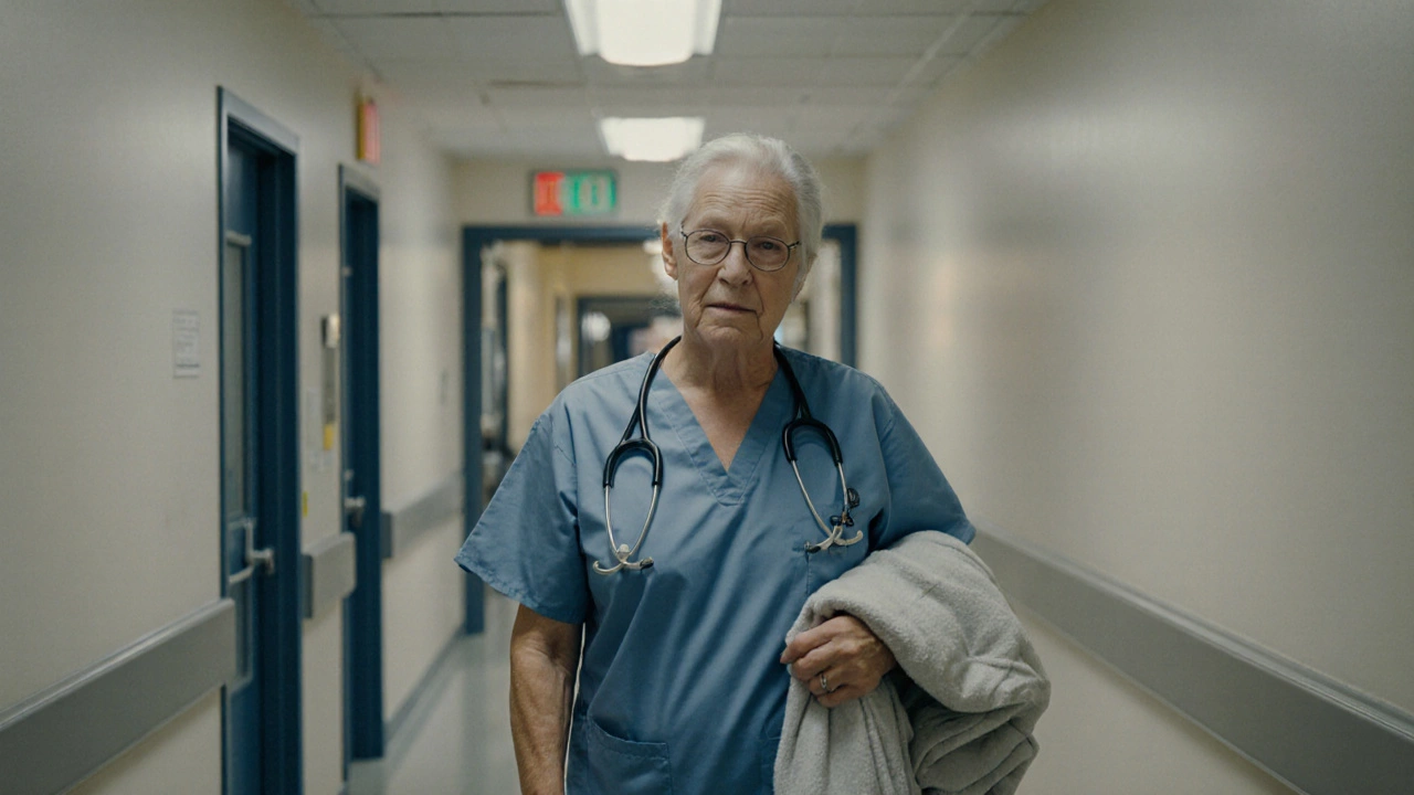 Patient walking with nurse’s support in quiet hospital hallway, holding a personal blanket.
