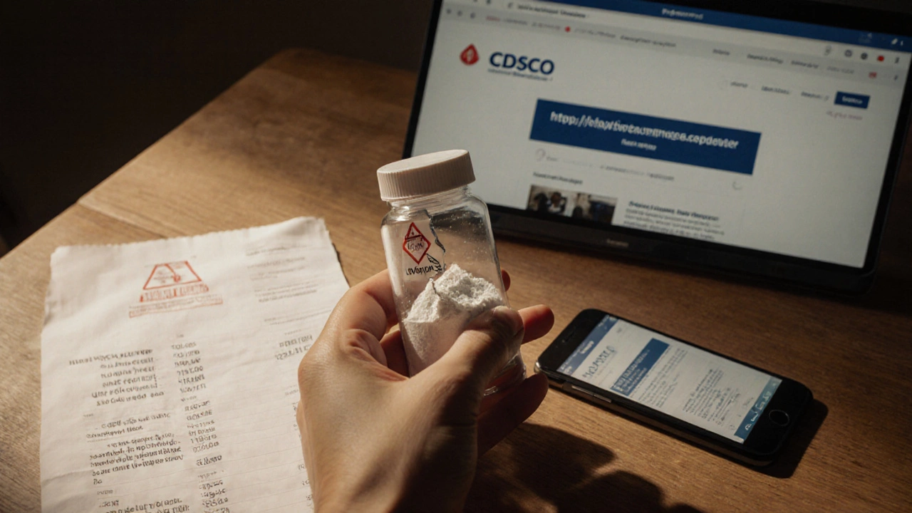 Pill bottle with cracked label revealing chalky powder, beside a suspicious receipt and phone.