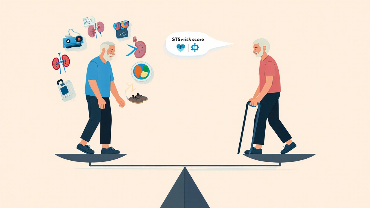 Scale balancing high-risk patient against healthier senior with medical symbols