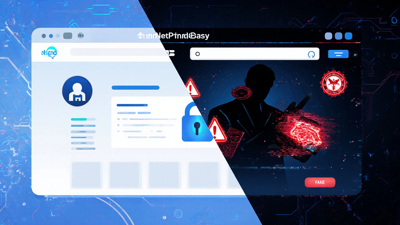 Split-screen showing a legitimate online pharmacy vs. a fake website with warning signs.