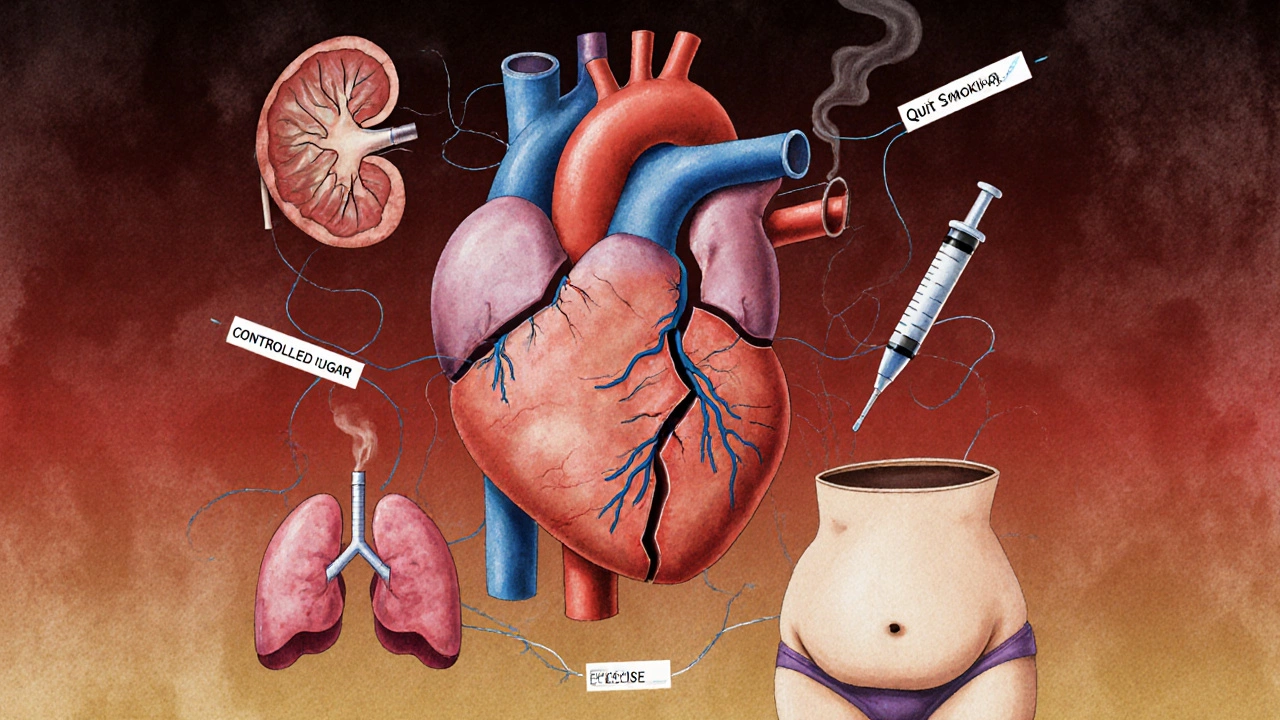 Symbolic heart surrounded by health threats and healing factors in watercolor style