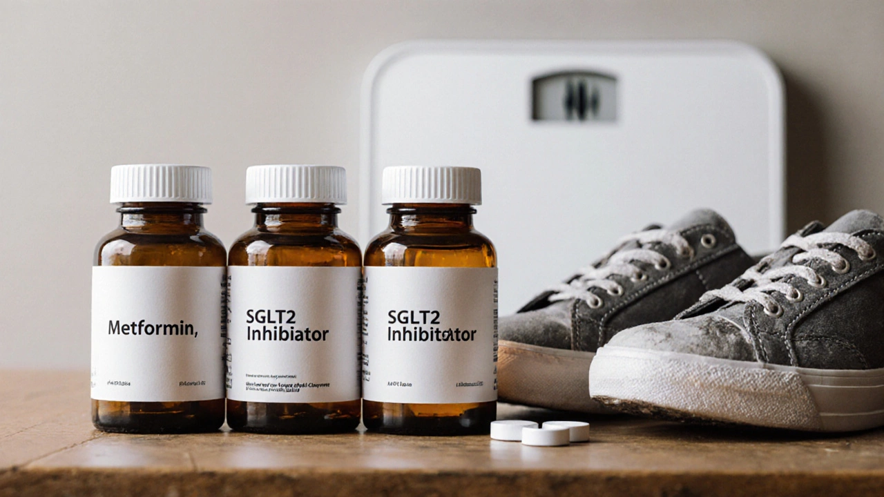 Three diabetes medications next to old and new shoes, symbolizing weight loss and lifestyle change.