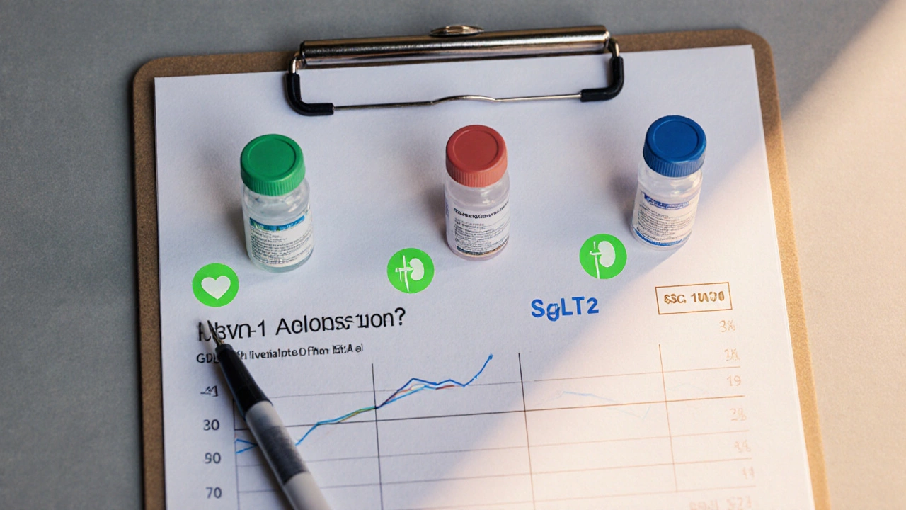 Three diabetes medications on a clipboard beside a medical chart showing HbA1c reduction with heart and kidney icons.