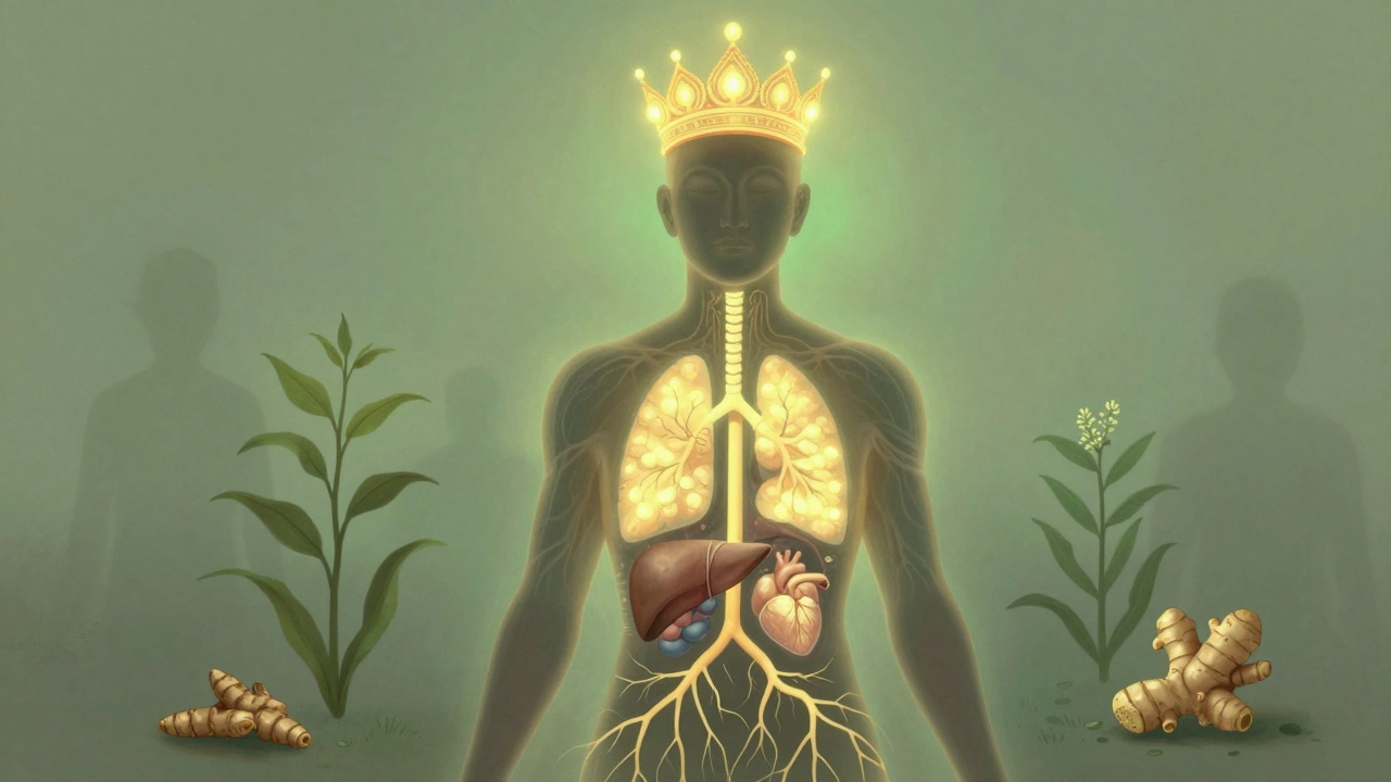A glowing tulsi crown connected to vital organs inside a human silhouette, representing holistic wellness.