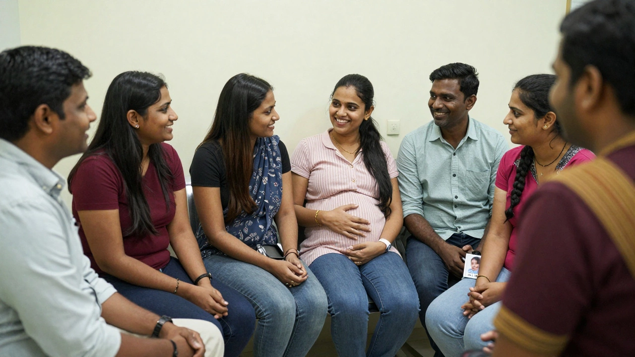 Adults of Indian origin sharing stories in a fertility clinic waiting room, one holding a baby photo.