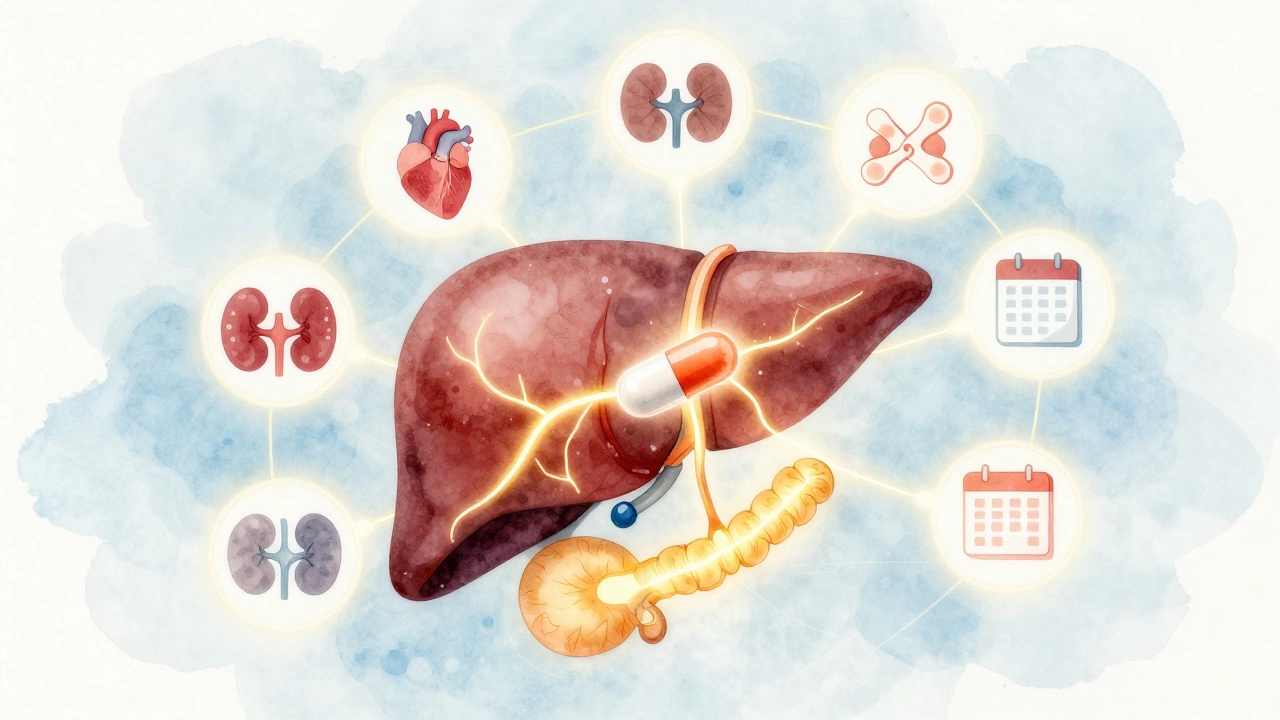 Artistic illustration of liver and pancreas with glowing pathways connected to a metformin tablet.