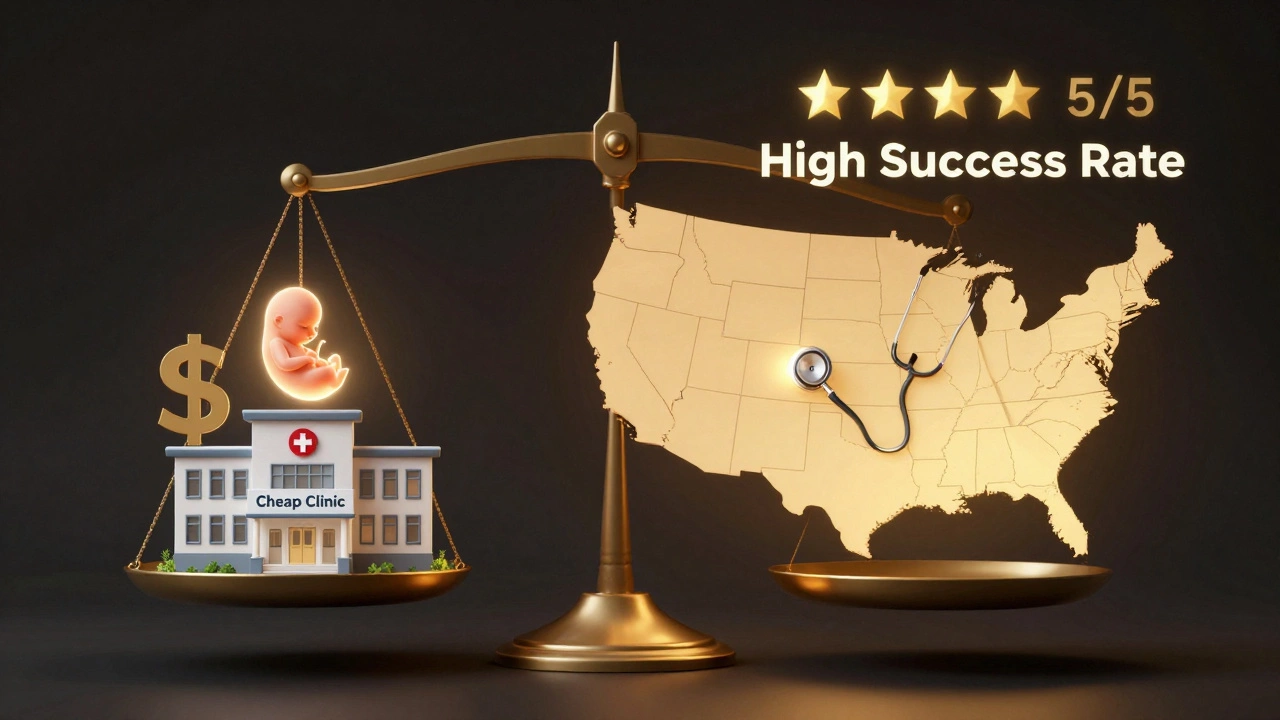 Balanced scale comparing low price vs. high success rate with U.S. map glowing in key states
