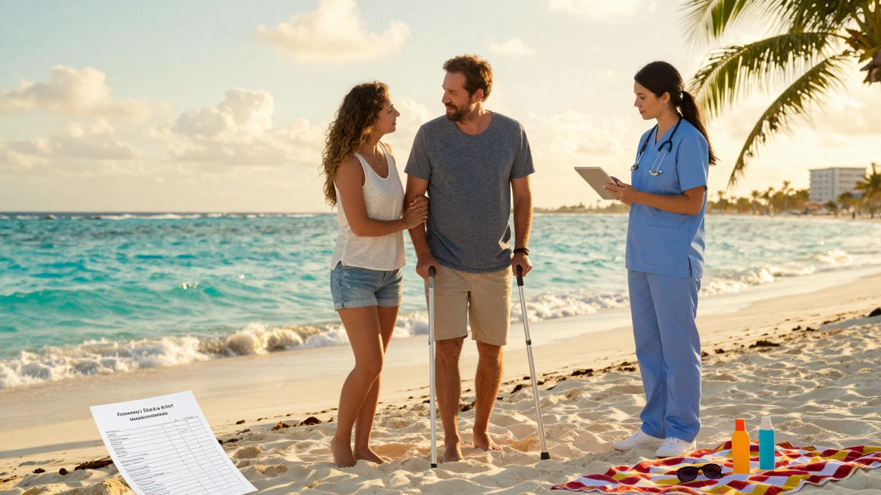 Couple recovering on a beach in Cancun after surgery, with medical supplies nearby.