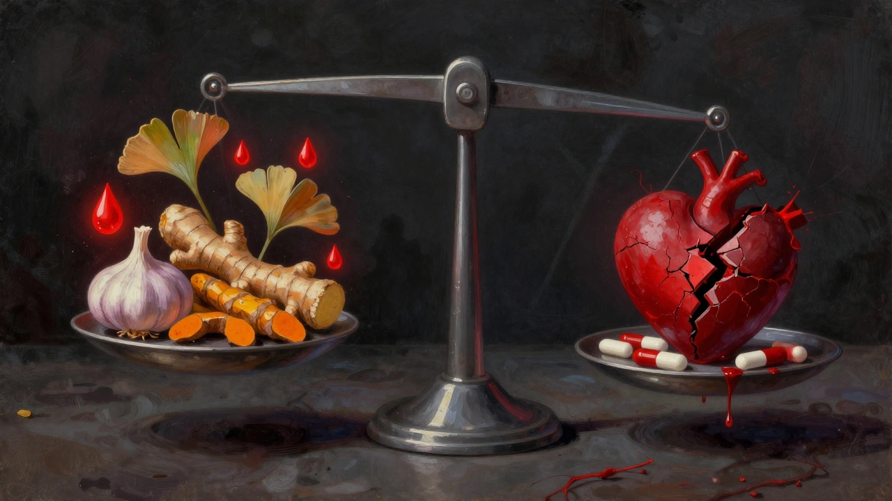 Dangerous herb combination tipping a scale with blood symbols and cracked heart.