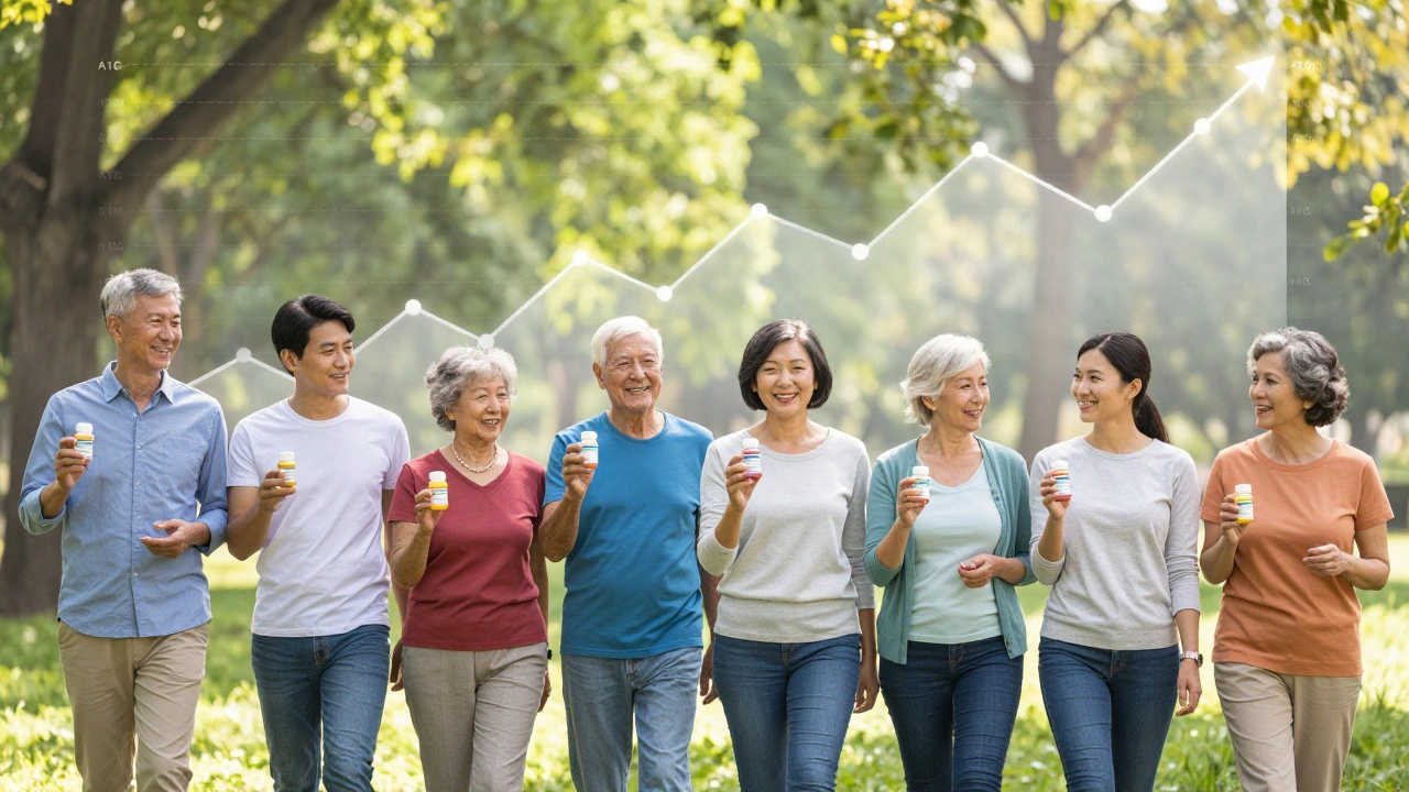 Diverse group of people holding metformin bottles in a sunlit park, symbolizing long-term diabetes management.