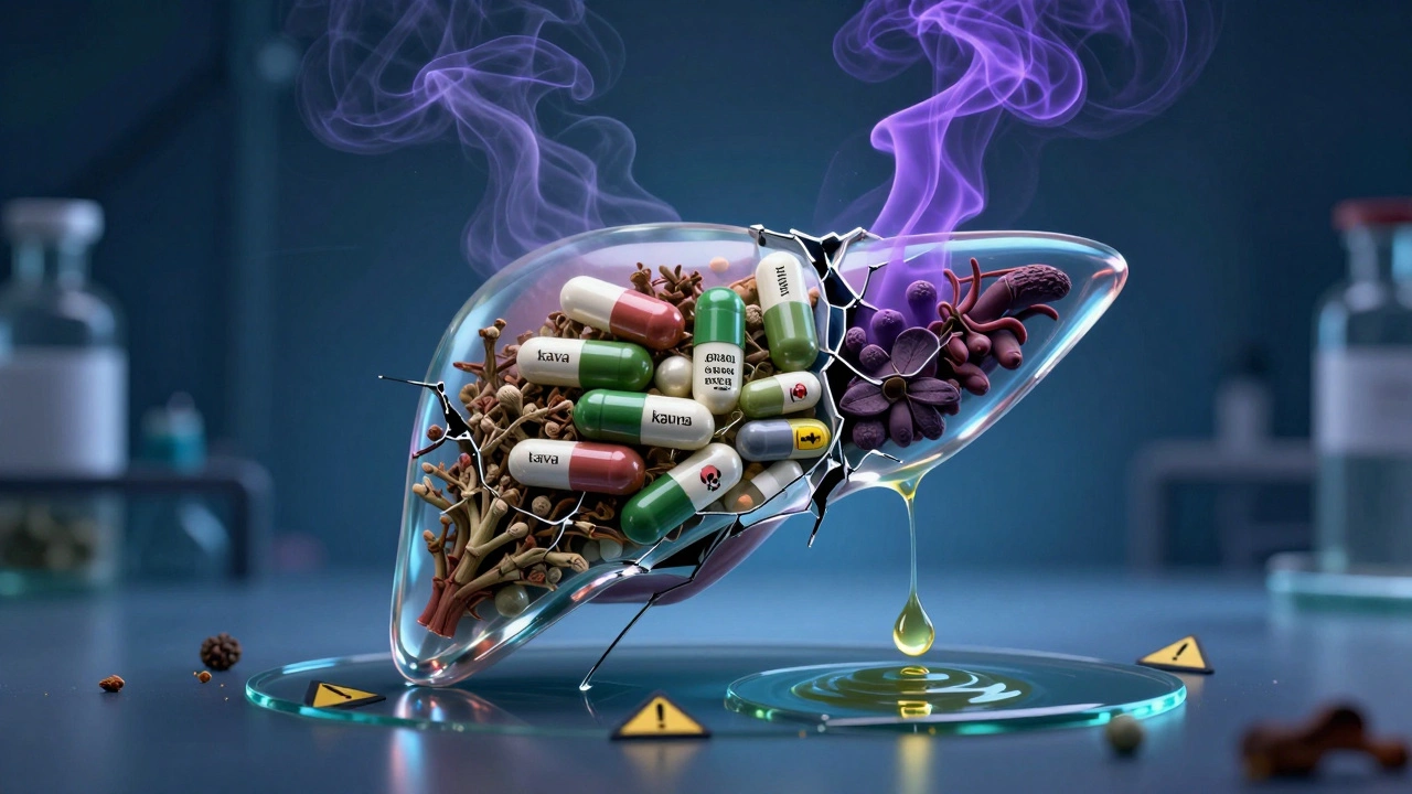 Glass liver cracking under stacked herbal capsules with toxic smoke rising.