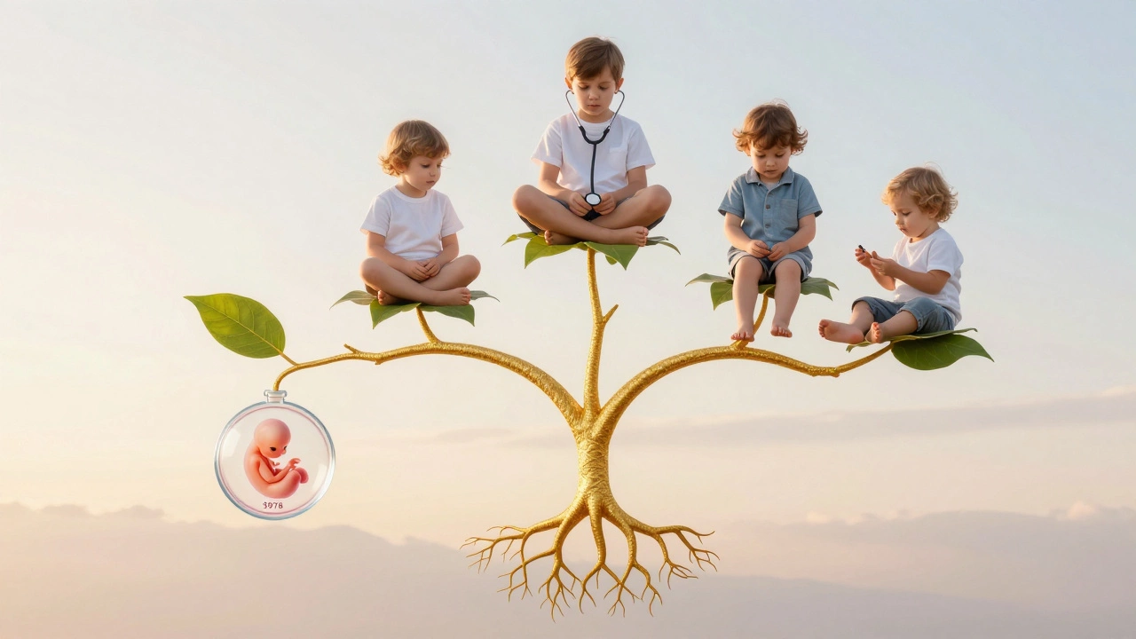 Golden-threaded family tree connecting IVF embryo to healthy grandchildren under dawn light.