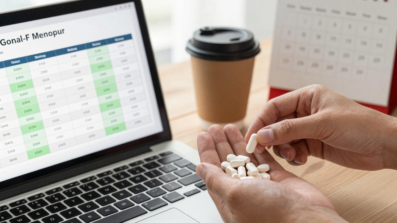 Hands placing IVF medications beside a laptop showing state-by-state cost comparison