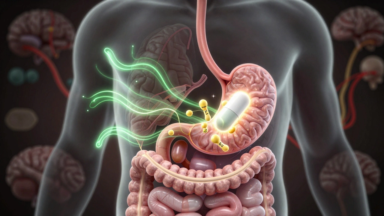 Illustration of a pill activating hormone pathways in the digestive system.