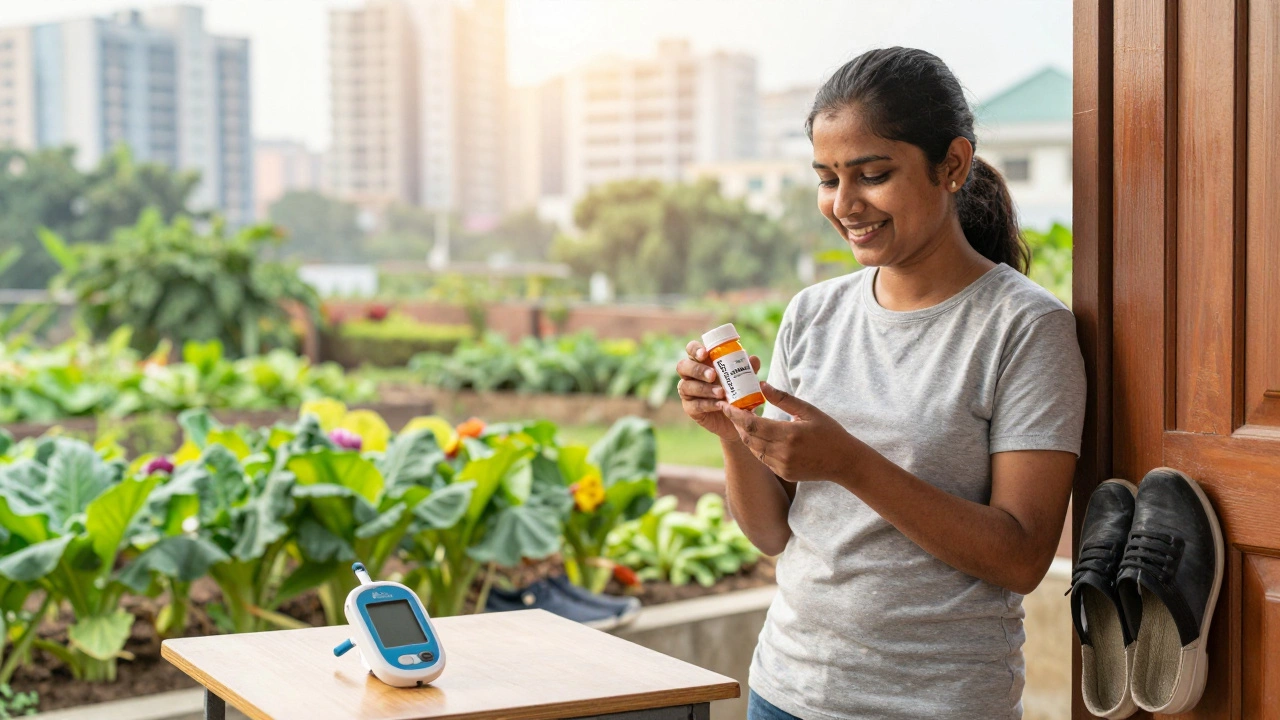 Patient holding diabetes medication beside healthy food and shoes, smiling.