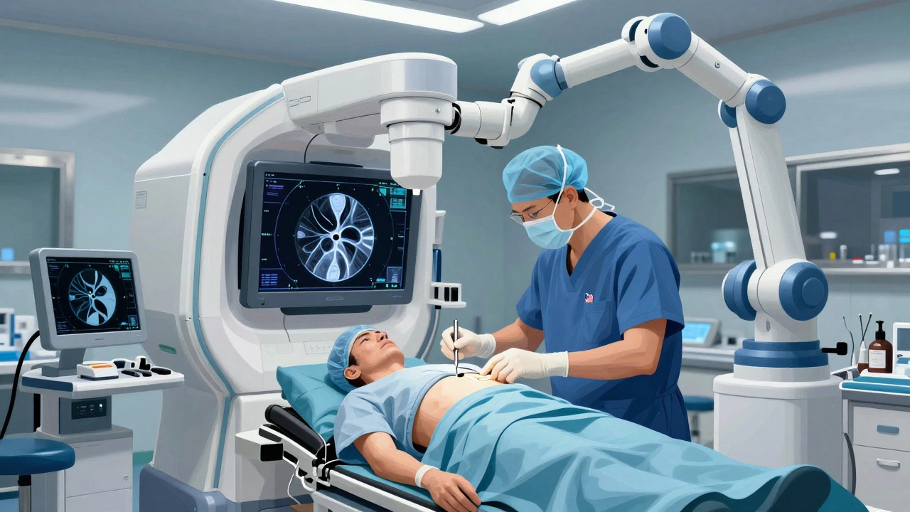 Surgeon using advanced technology for cancer treatment in a German hospital.