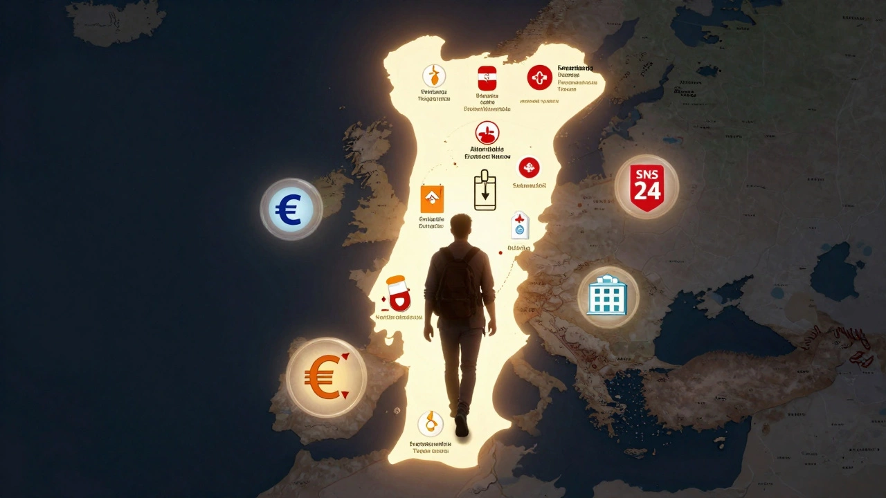 A symbolic map of Portugal glowing with healthcare accessibility, showing emergency care, prescriptions, and support for international visitors.