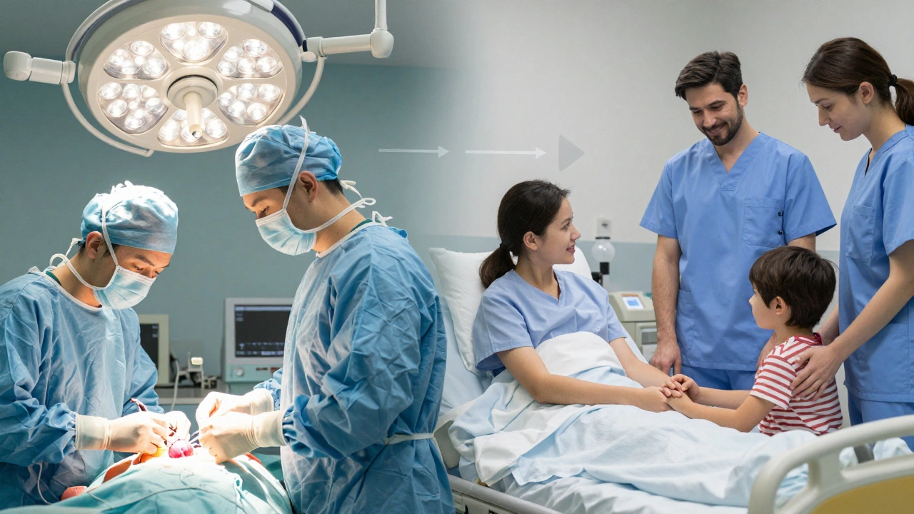 A symbolic split scene showing surgery on one side and family in palliative care on the other.