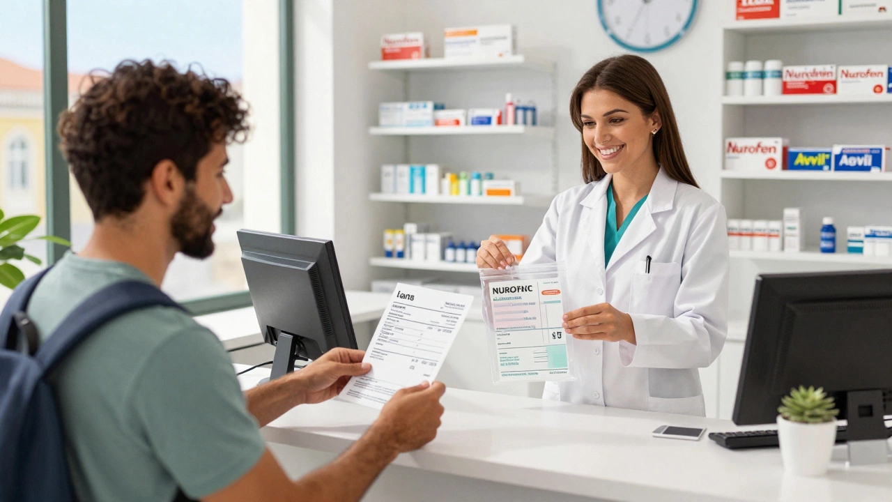 A traveler paying a clear invoice at a modern Portuguese private clinic while receiving medication from an English-speaking pharmacist.