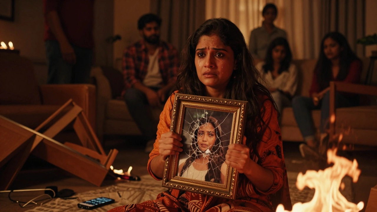 A woman cries in a chaotic room, flames surrounding her as loved ones fade away, representing emotional turmoil from BPD.