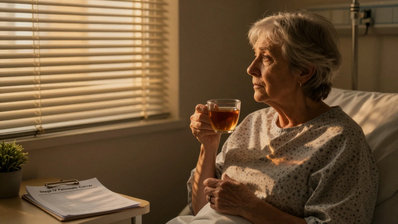 An elderly patient in a quiet hospital room at dusk, gazing out the window with a cancer diagnosis on the table.