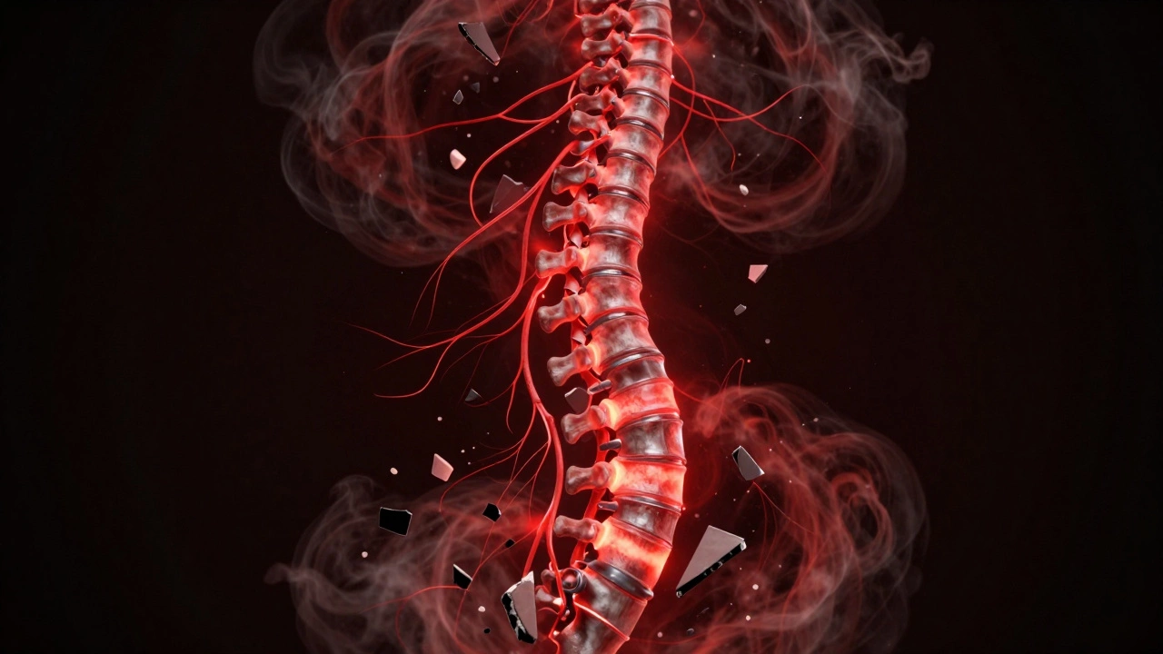 Artistic depiction of a fused spine with glowing nerves and metal rods, symbolizing chronic pain and inflammation.