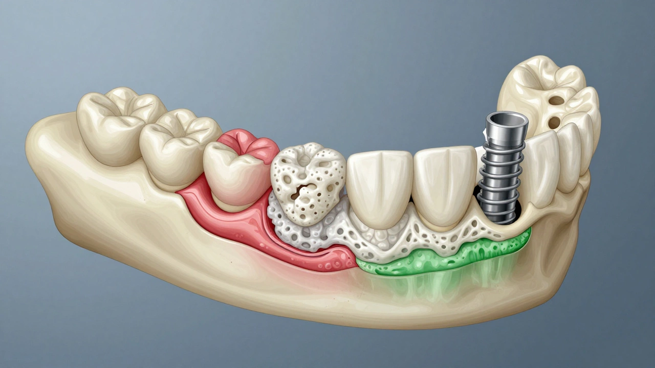 Cross-section of jawbone showing bone loss and implant graft reconstruction