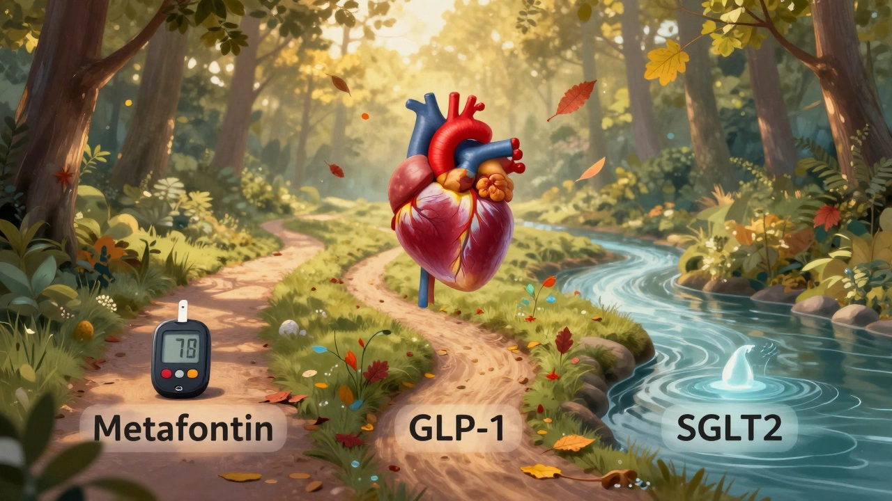 Three symbolic paths representing different diabetes treatment approaches in a forest