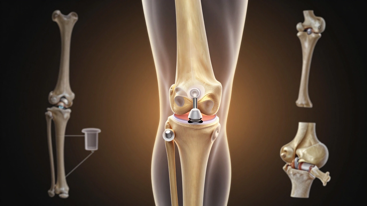 Transparent anatomical illustration of a knee joint showing replacement components with precise alignment.