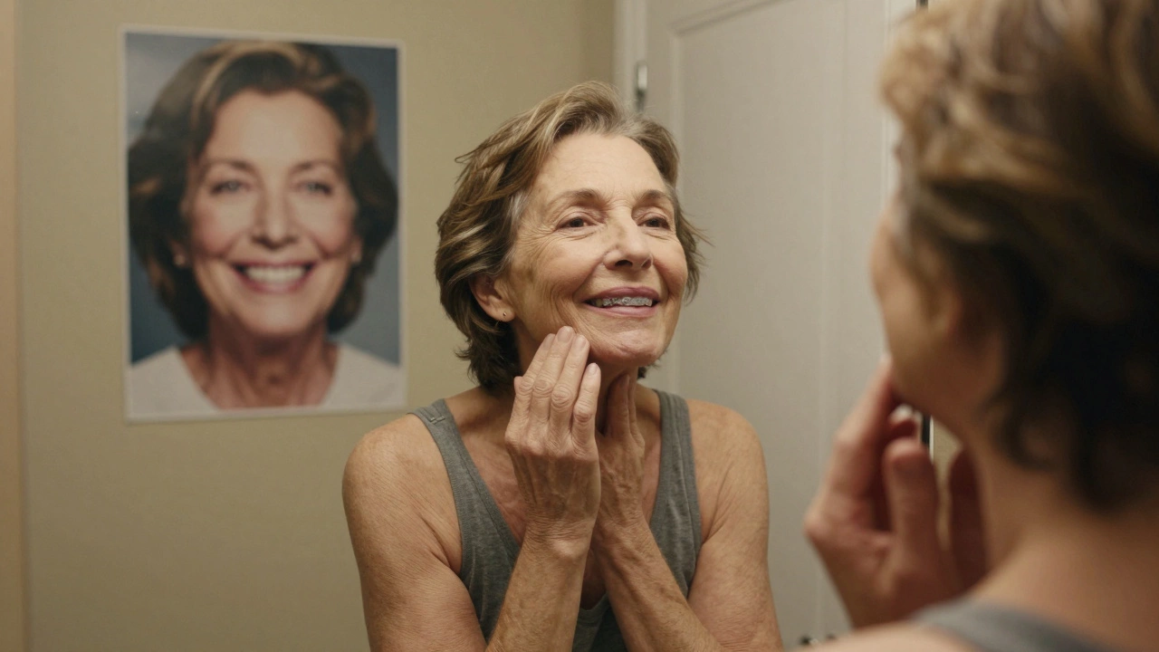 Woman looking in mirror with implant-supported teeth, dentures beside her