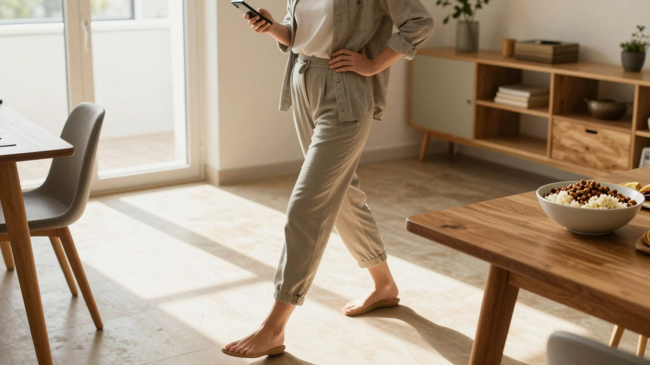 Woman walking gently after lunch in her living room.
