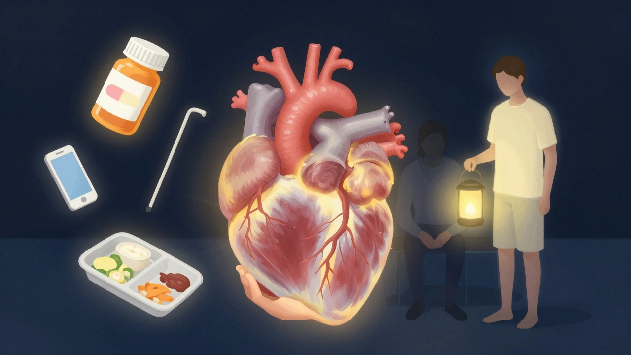A healing heart surrounded by symbols of care—medication, walker, and supportive hand—against a dark background representing isolation.