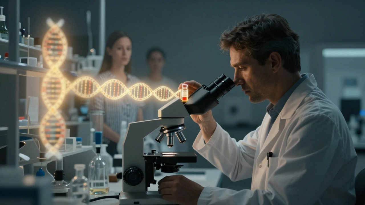 A researcher studying tumor DNA in a lab, with faint patient silhouettes suggesting hope and survival.