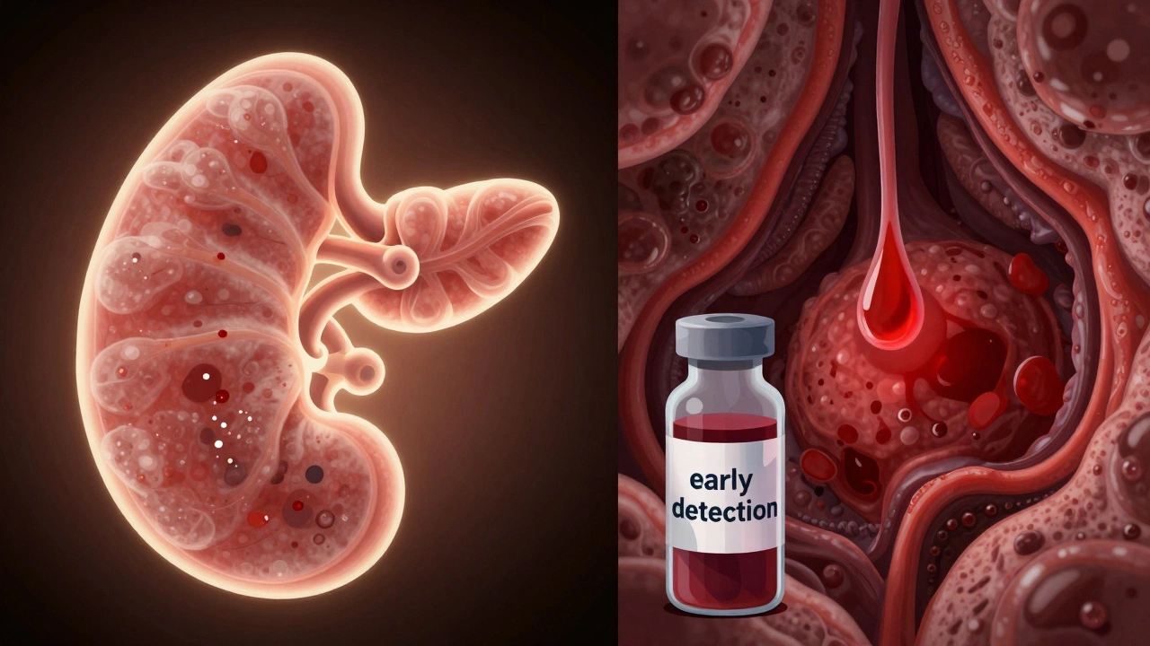 Contrasting healthy and cancerous pancreas with a blood test vial representing early detection.