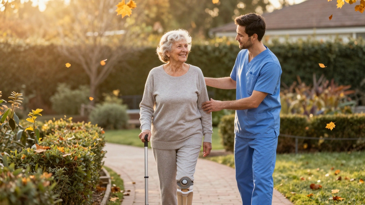 Elderly woman walking confidently in a garden after hip replacement, guided by a physical therapist.