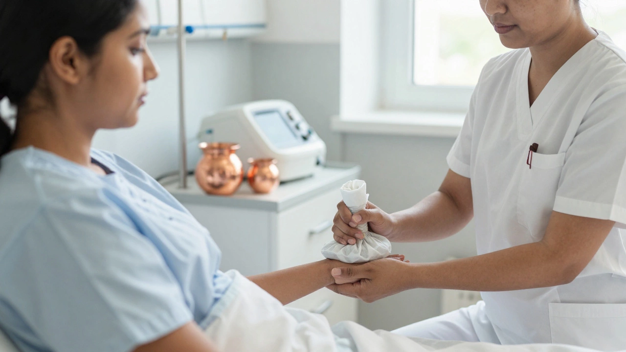 Hospital patient receiving chemo with Ayurvedic herbal compress.