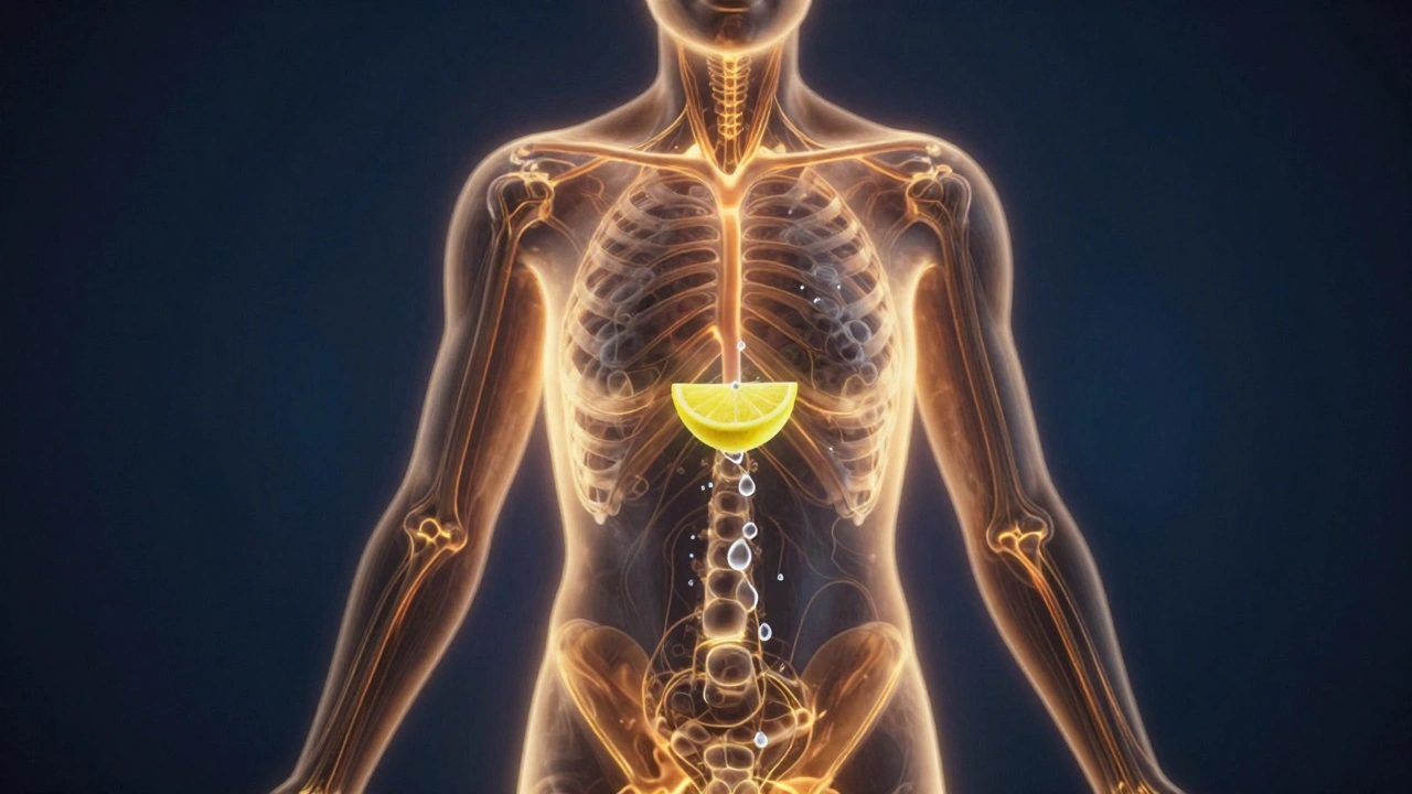 Human body with glowing fat-burning pathways as lemon water enters, symbolizing metabolic fasting benefits.