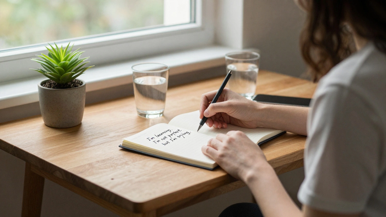 Someone writing a thoughtful note at a desk with water and a plant, natural light illuminating the page.