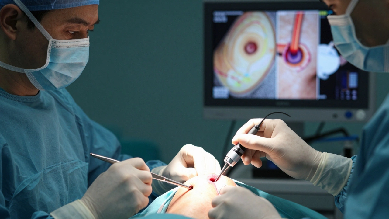 Surgeon performing arthroscopic knee surgery with monitor showing internal joint structures.