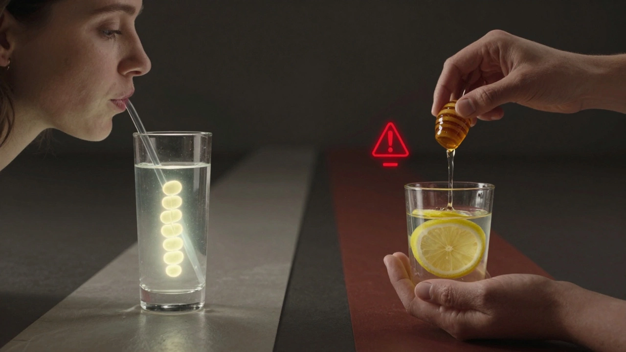 Two paths: one with lemon water and calm energy, another with honey and insulin spikes, symbolic contrast.