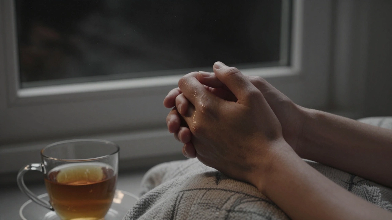 A hand holding another gently in the night, starry window behind, no medical devices, quiet intimacy.