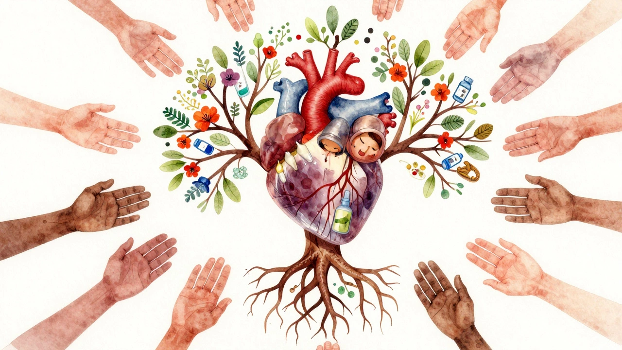 A heart shaped like a tree, its roots and branches representing recovery rituals, with a scar as its trunk, symbolizing renewal after surgery.